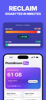 PhotoBroom's Home screen showing reclaimable storage
