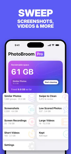 PhotoBroom's Screenshots screen on iPhone