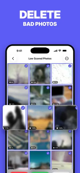 La cuadrícula Fotos peor puntuadas de PhotoBroom, con cada foto mostrando su puntuación de calidad